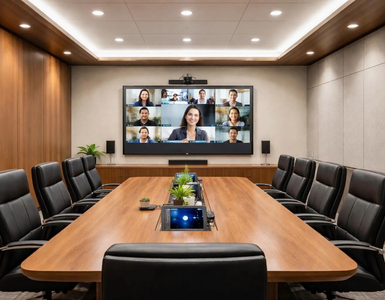 Modern conference room equipped with professional audiovisual and video conferencing technology