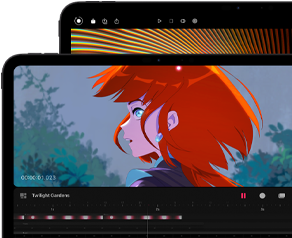 13-inch iPad Pro and 11-inch iPad Pro, front exterior, landscape orientation, space black color, rounded corners, black display bezel, 11-inch display showing a vibrant image of a character with red hair, 13-inch display showing colorful photo editing interface elements