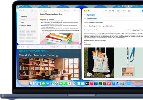 MacBook Neo, indigo color, screen shows composing a welcome email to new employee of bookstore, other tiled windows contain Notes doc about onboarding and bookstore's employee portal website in Safari